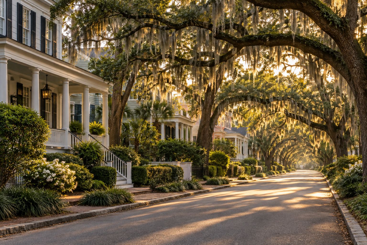 A quiet Lowcountry residential street under live oaks, illustrative
