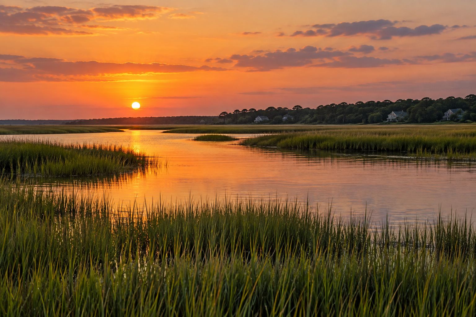 A tidal marsh at sunset, illustrative