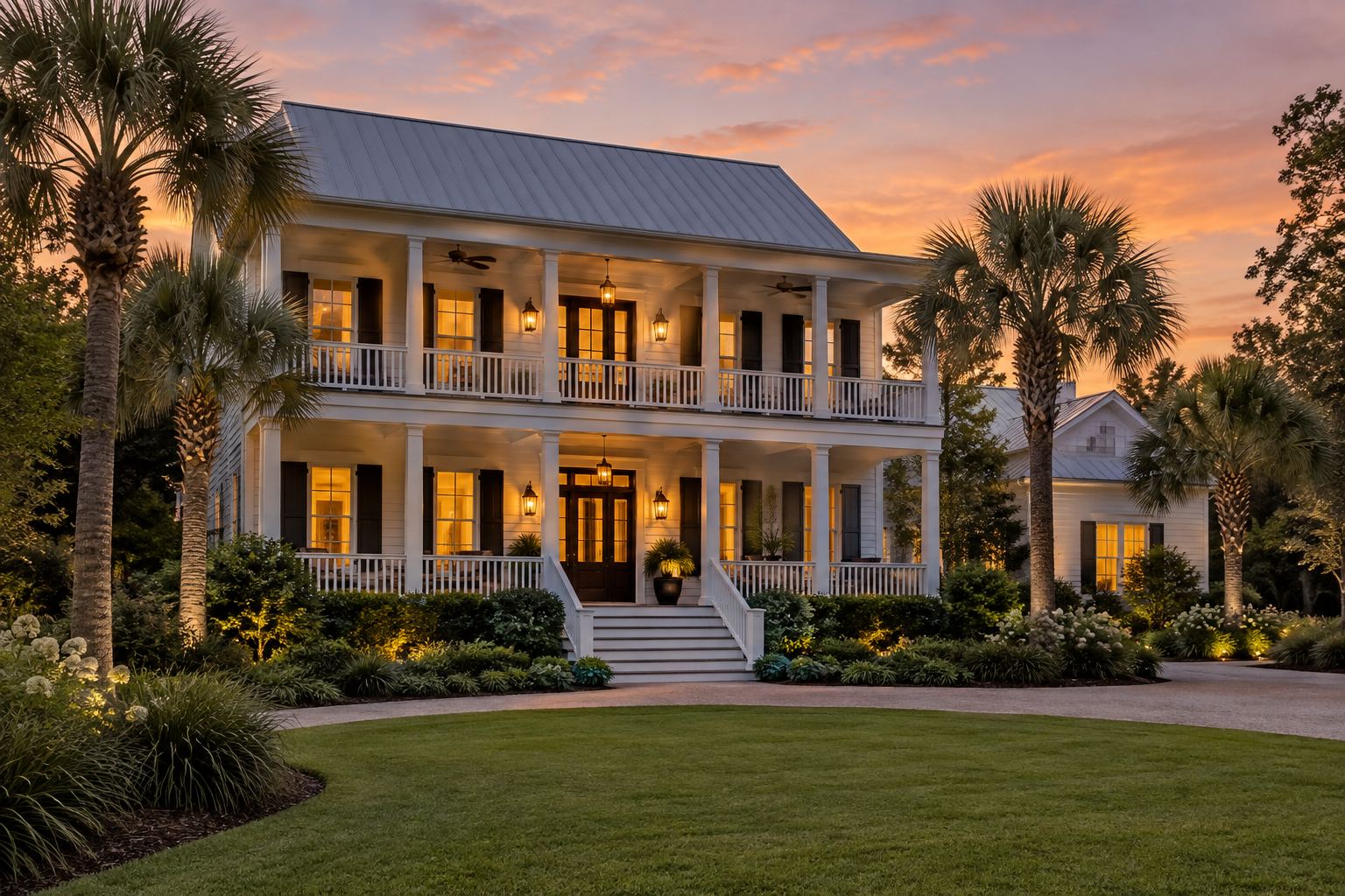 A Lowcountry home at dusk, illustrative