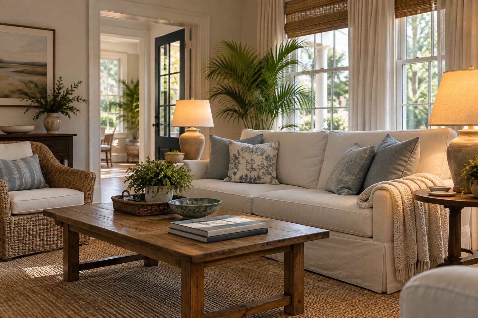 A cozy Charleston area living room, illustrative