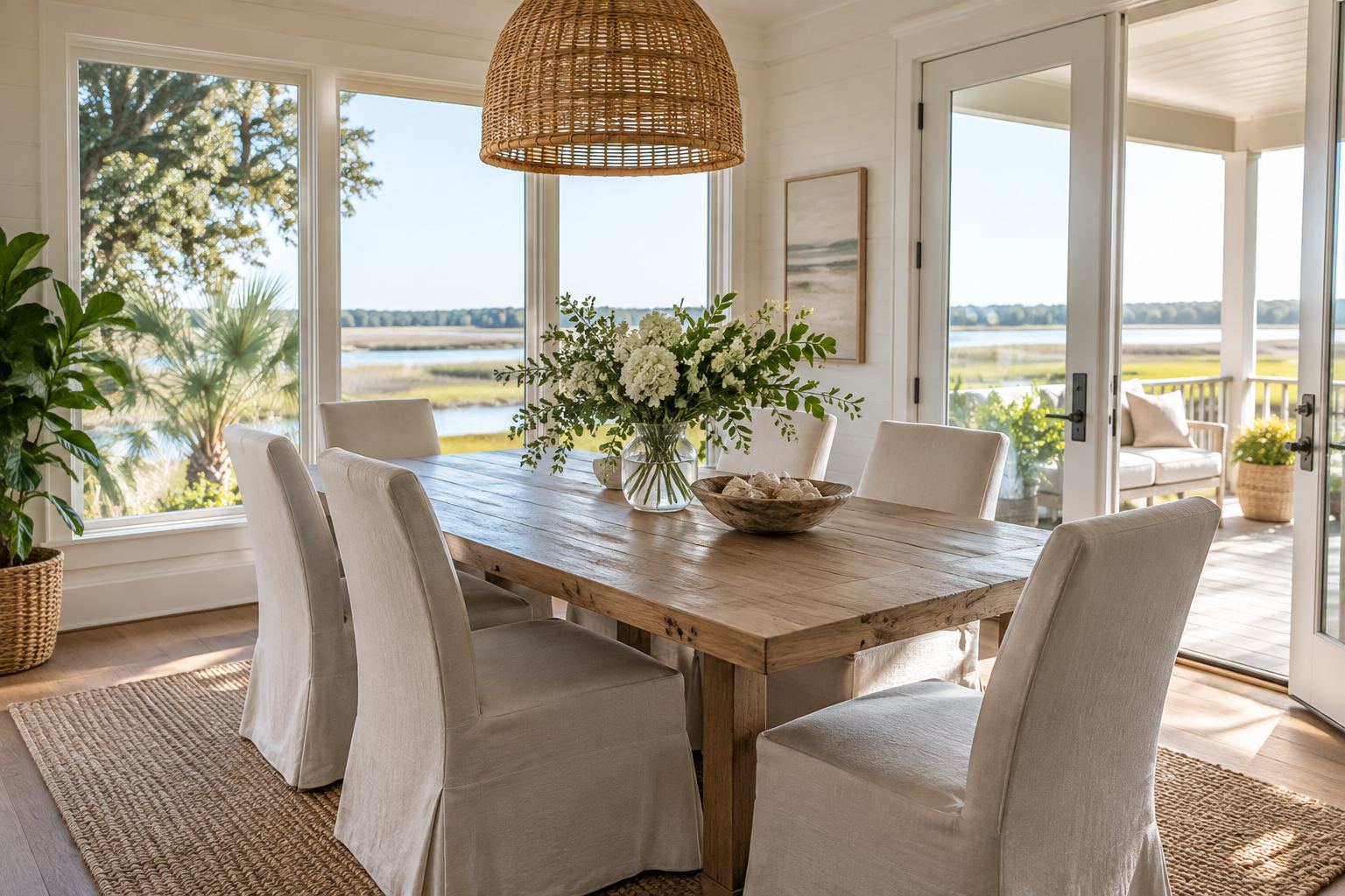 A bright coastal Carolina dining room, illustrative